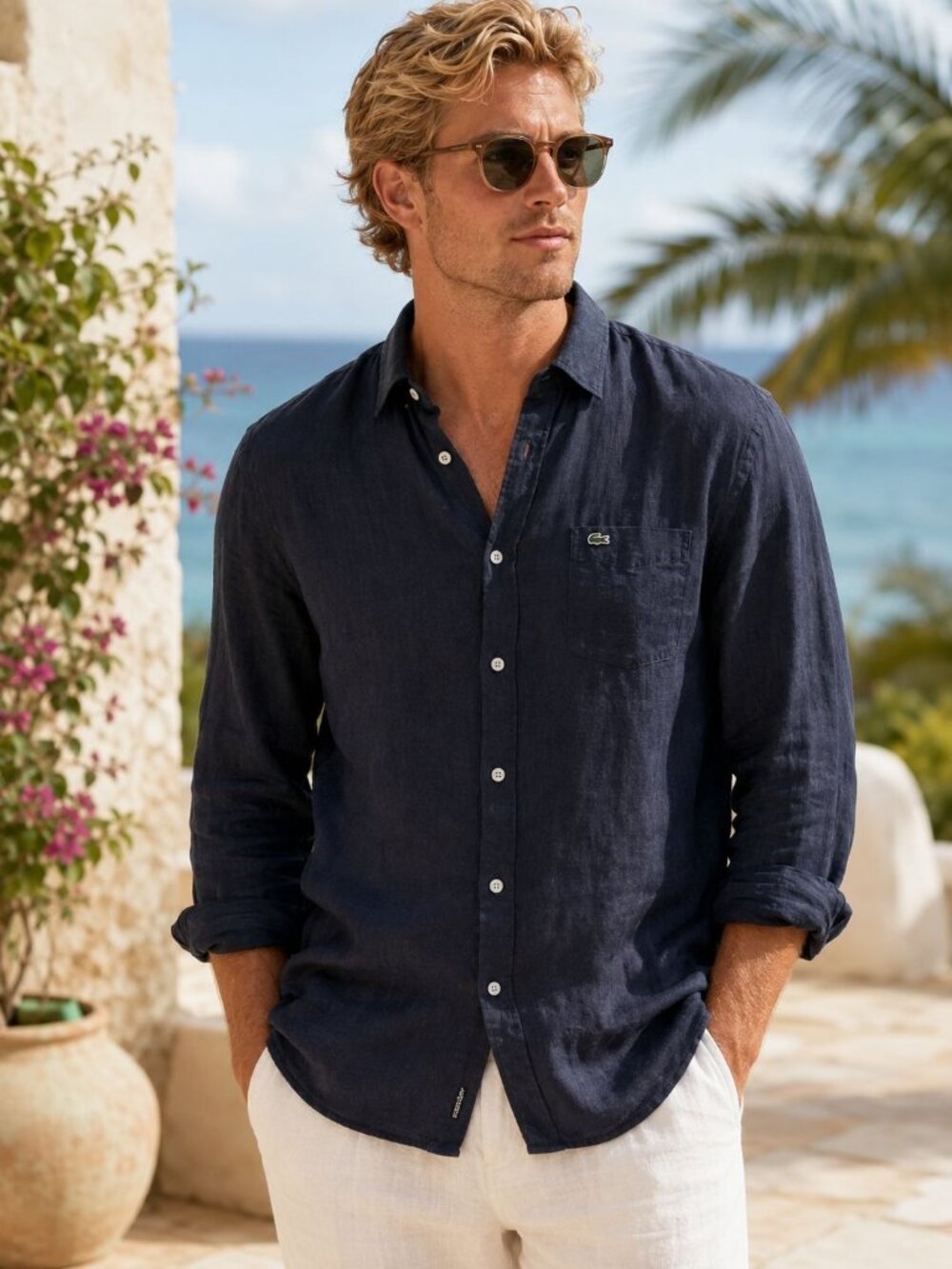 Lacoste Men’s Navy Linen Button-Down Shirt Size 44 XL Coastal Quiet Luxury